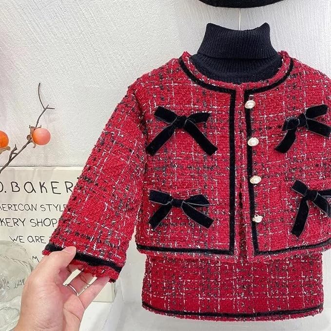 Winter Outfit - Girls Set Long Sleeve Patchwork Jacket + Plaid Skirt - G0034