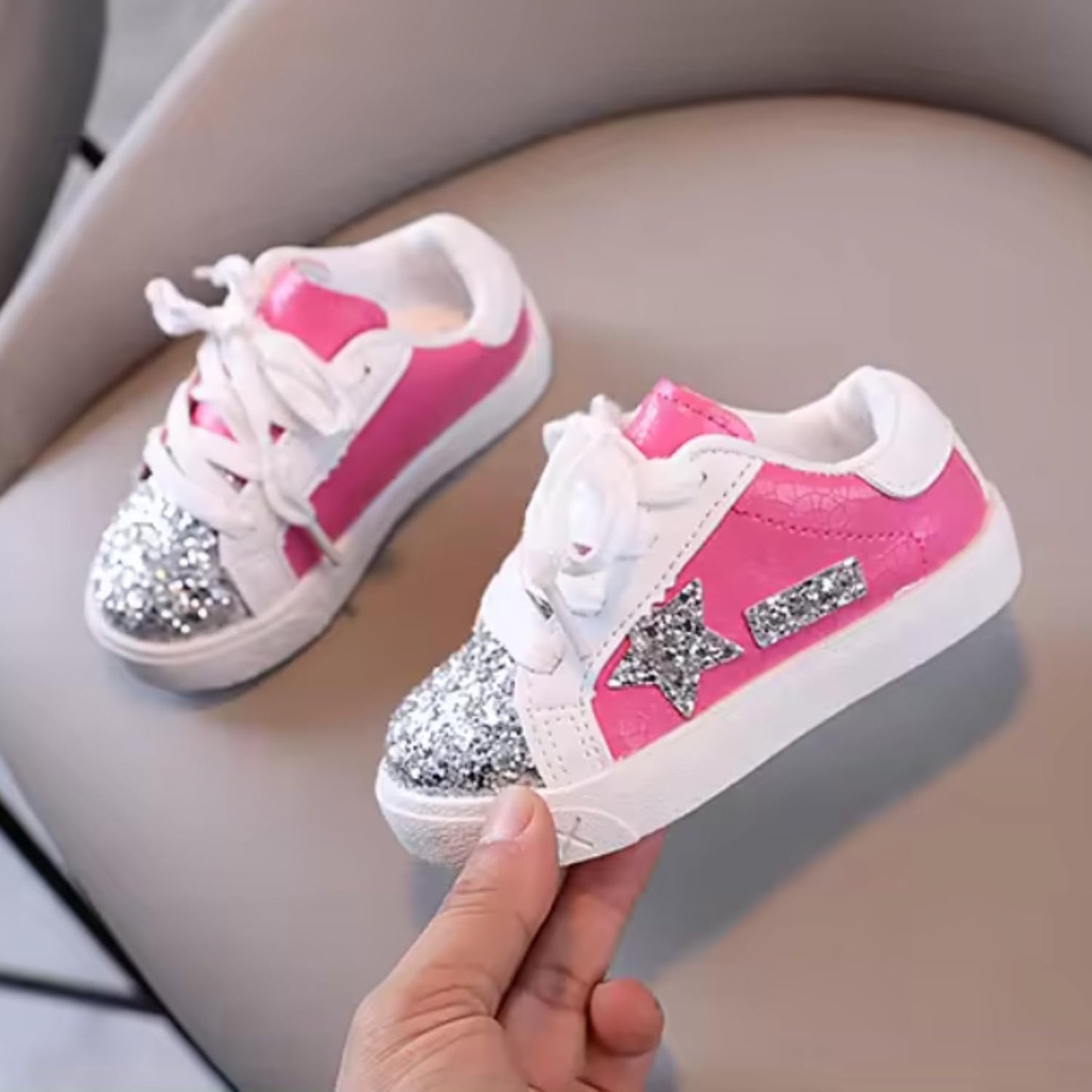 Little Girl's Glitter Sneakers - Back to School Shoes Stars Design - S0054