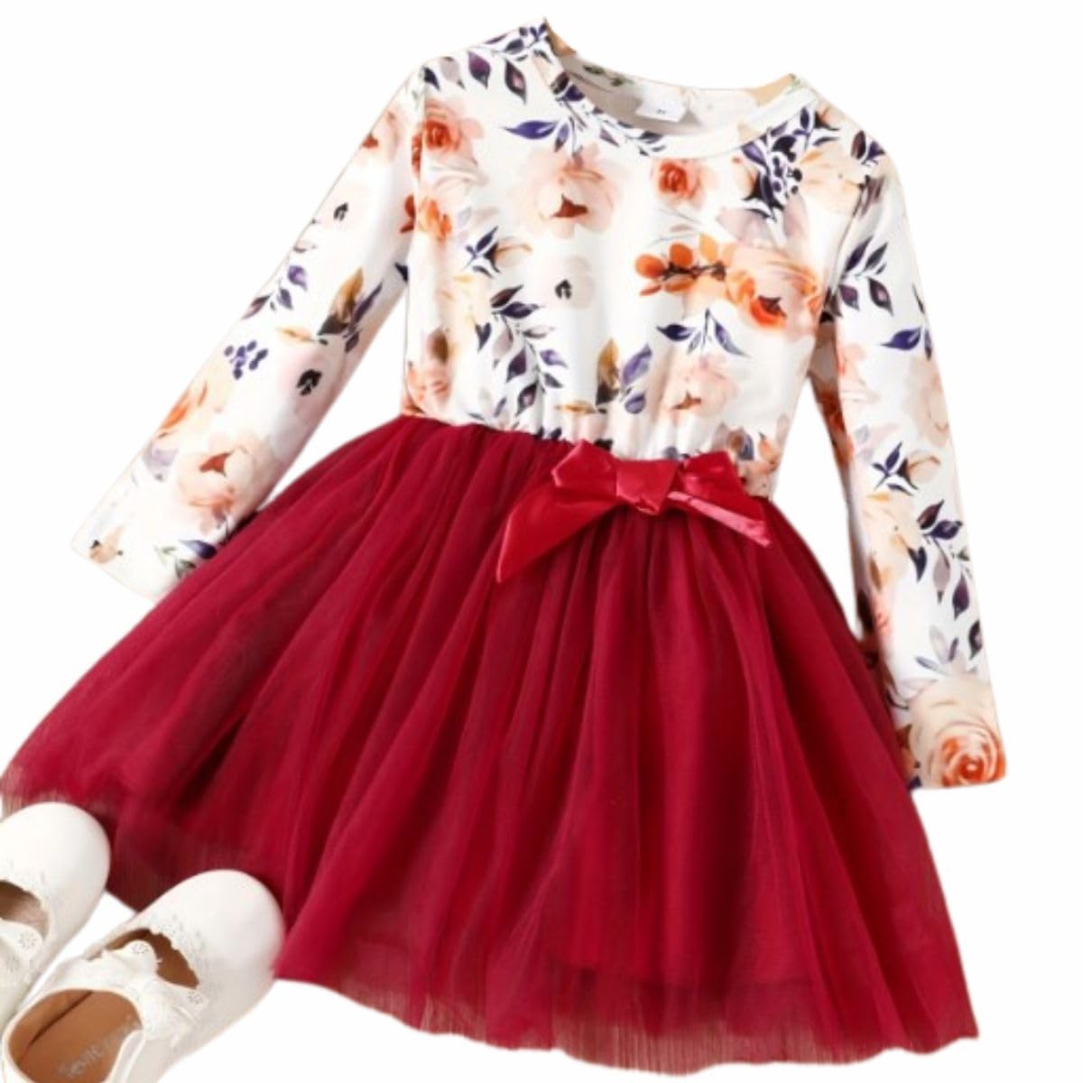 Baby Girls' Floral Long-Sleeve Dress with Tulle Skirt – Spring Dress G007