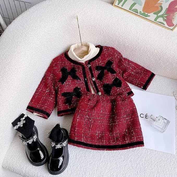 Winter Outfit - Girls Set Long Sleeve Patchwork Jacket + Plaid Skirt - G0034