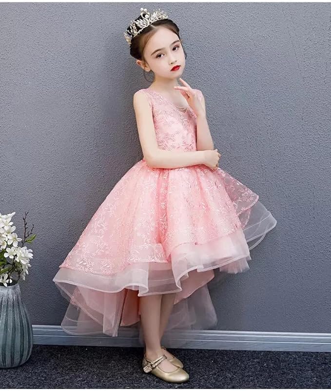 Girls' Tulle Dress with lace Embroidery and Waist Bow - G0075
