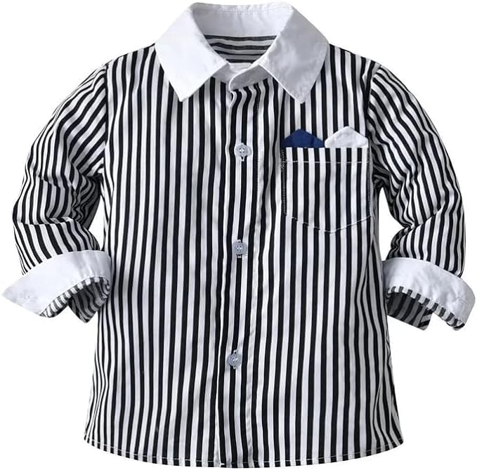 Boys' Striped Shirt and Gray Suspender Pants Set with Bow Tie - B0023