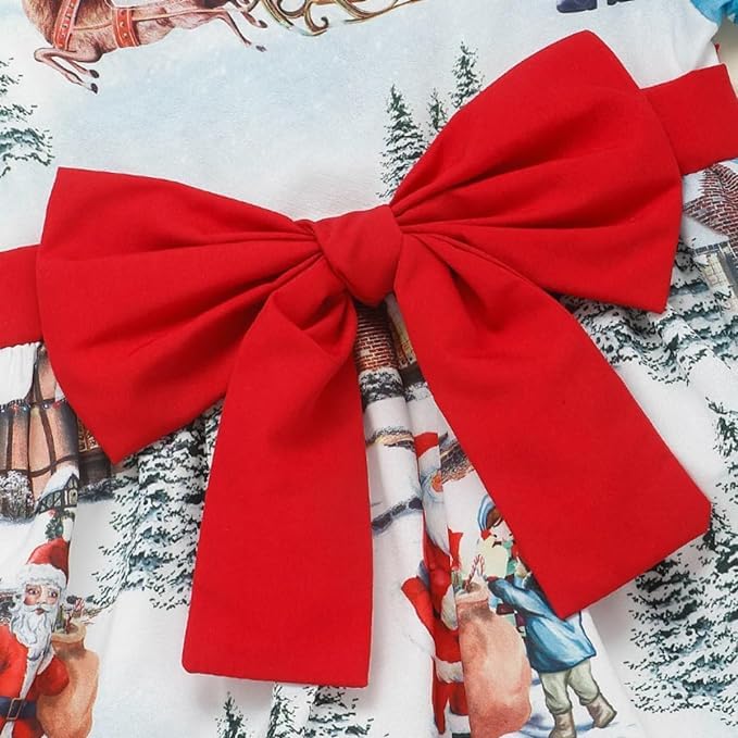 Christmas Dress for Girls with Delicate North Pole Print and red Bow - G0025