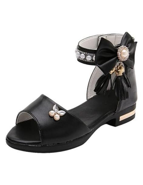 Girls' Elegant Ankle Strap Sandals with Pearls and Bow - S0044