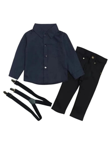 Boys' Stylish Black Shirt and Suspender Pants Set - B0024
