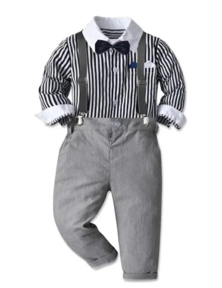 Boys' Striped Shirt and Gray Suspender Pants Set with Bow Tie - B0023
