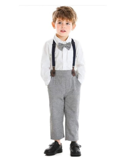 Boys' Gray Suspender Pants Set with Bow Tie - B0020