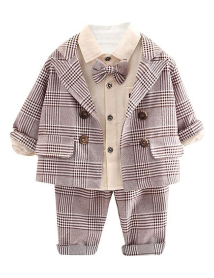 Boys' Plaid Blazer and Pants Set with Bow Tie - B0022