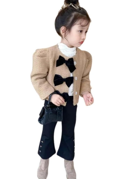 Girls' Stylish Tweed Jacket with Velvet Bows+ Pants Sets - G0073