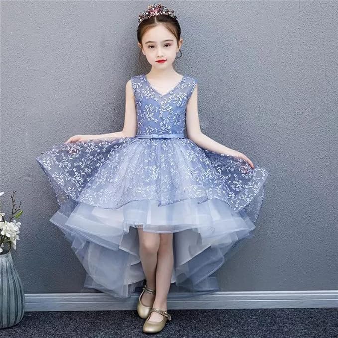 Girls' Tulle Dress with lace Embroidery and Waist Bow - G0075