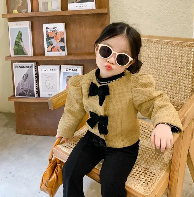 Girls' Stylish Tweed Jacket with Velvet Bows+ Pants Sets - G0073