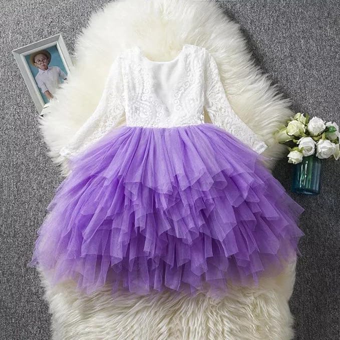 Long Sleeve lace Dress with Layered Tulle Skirt for Girls - G0088