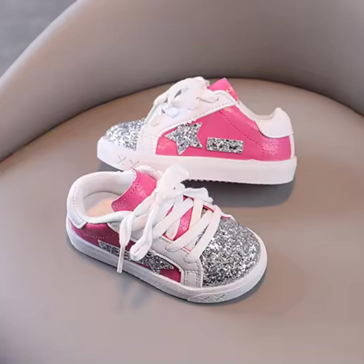 Little Girl's Glitter Sneakers - Back to School Shoes Stars Design - S0054