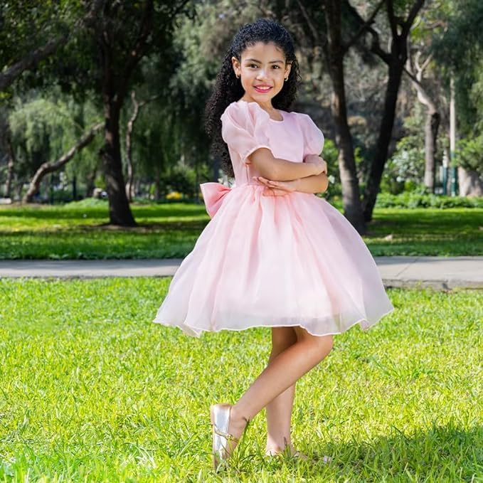 Flower girl's satin dress with puffed sleeves - G0036