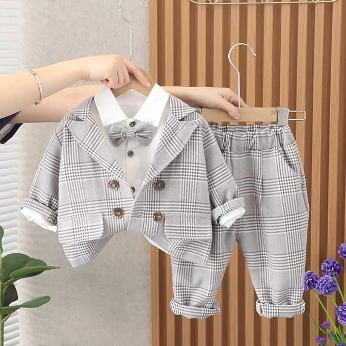 Boys' Plaid Blazer and Pants Set with Bow Tie - B0022