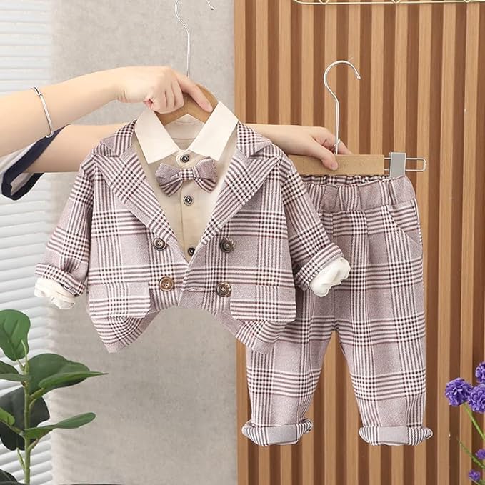 Boys' Plaid Blazer and Pants Set with Bow Tie - B0022