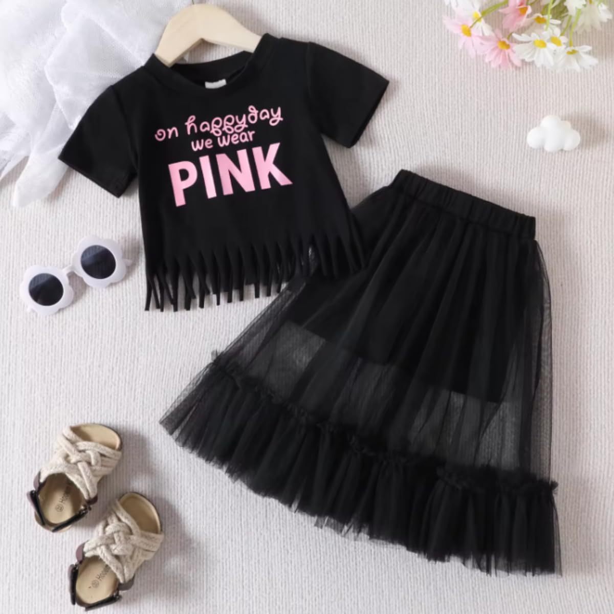 Girls Back to School T-shirt + Black Mesh Skirt