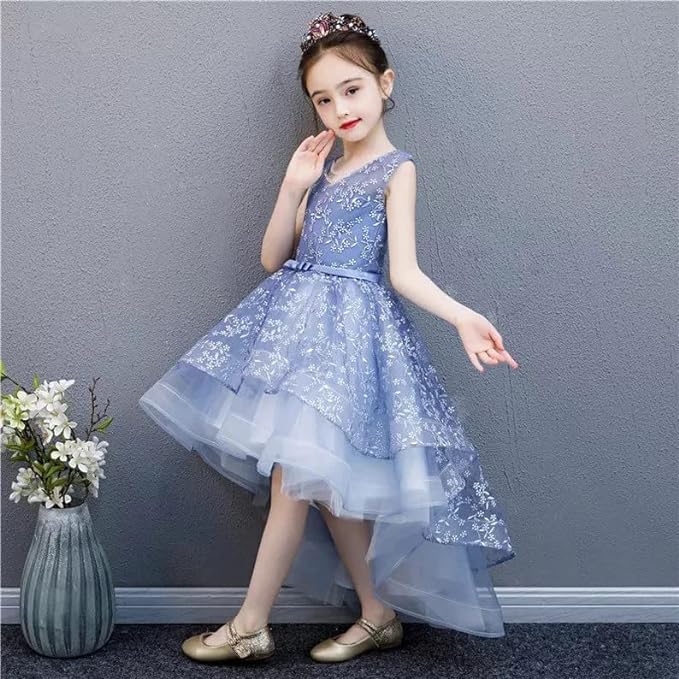 Girls' Tulle Dress with lace Embroidery and Waist Bow - G0075