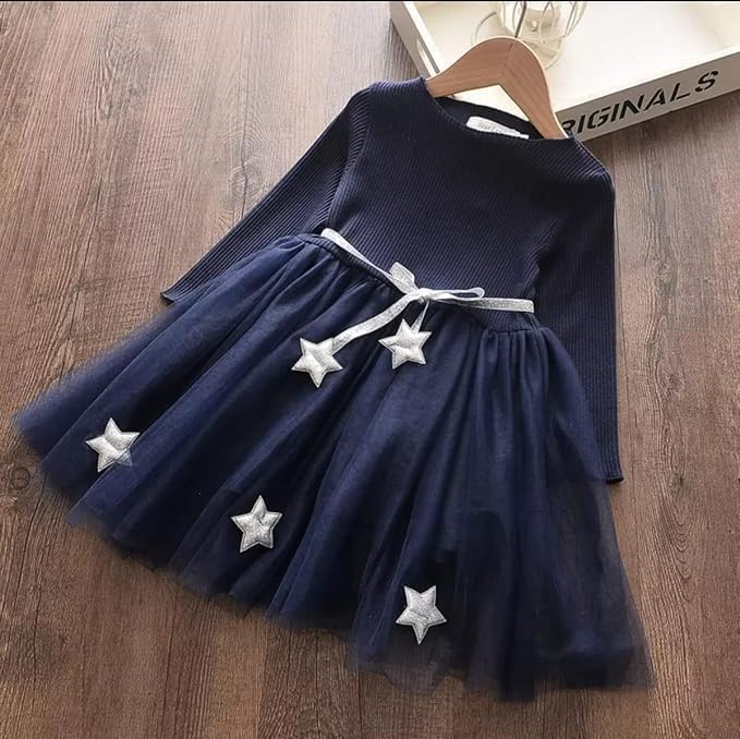 Long Sleeve Dress with Tulle Skirt and Silver Stars for Girls - G0087