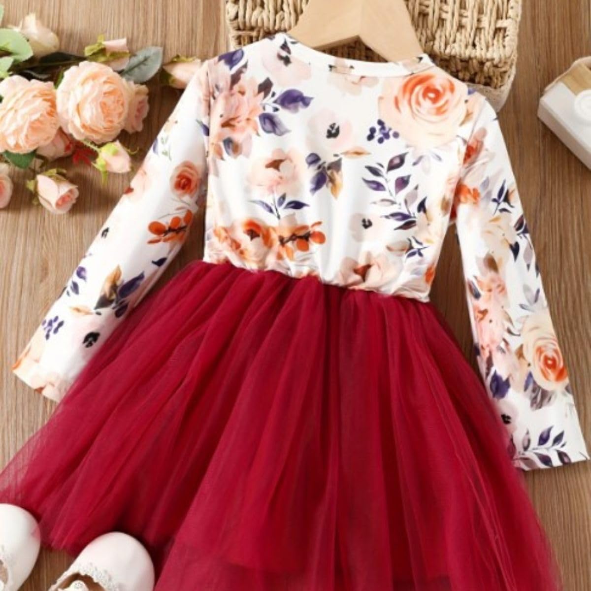 Baby Girls' Floral Long-Sleeve Dress with Tulle Skirt – Spring Dress G007