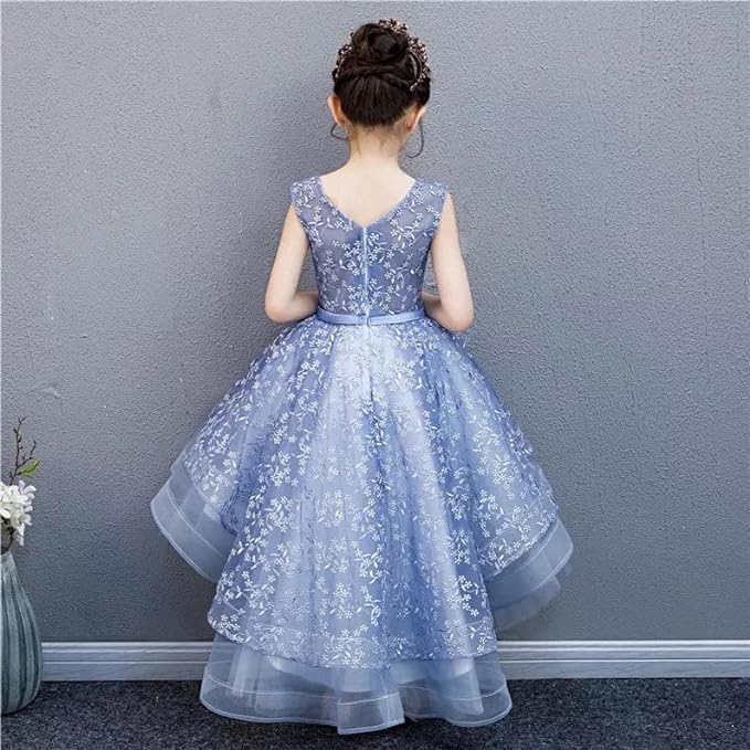 Girls' Tulle Dress with lace Embroidery and Waist Bow - G0075
