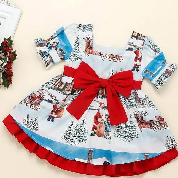 Christmas Dress for Girls with Delicate North Pole Print and red Bow - G0025