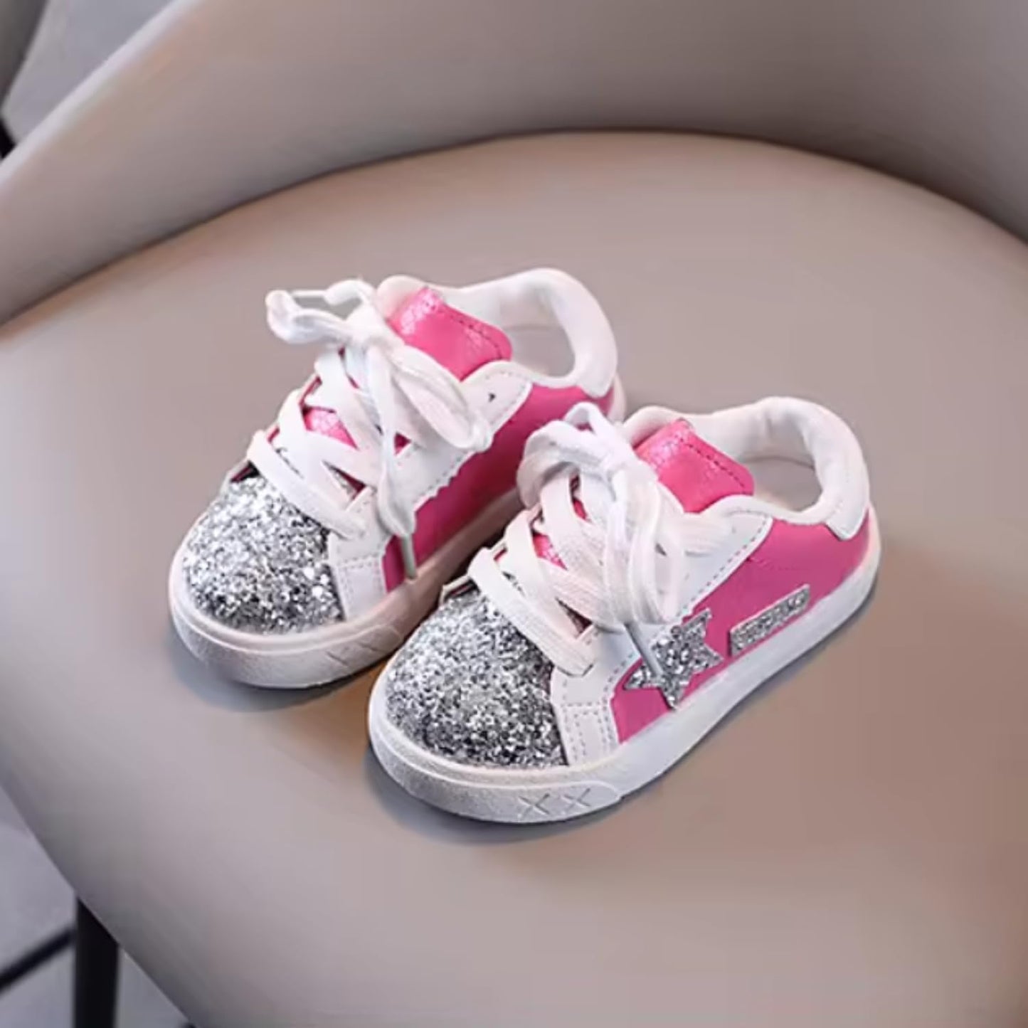 Little Girl's Glitter Sneakers - Back to School Shoes Stars Design - S0054