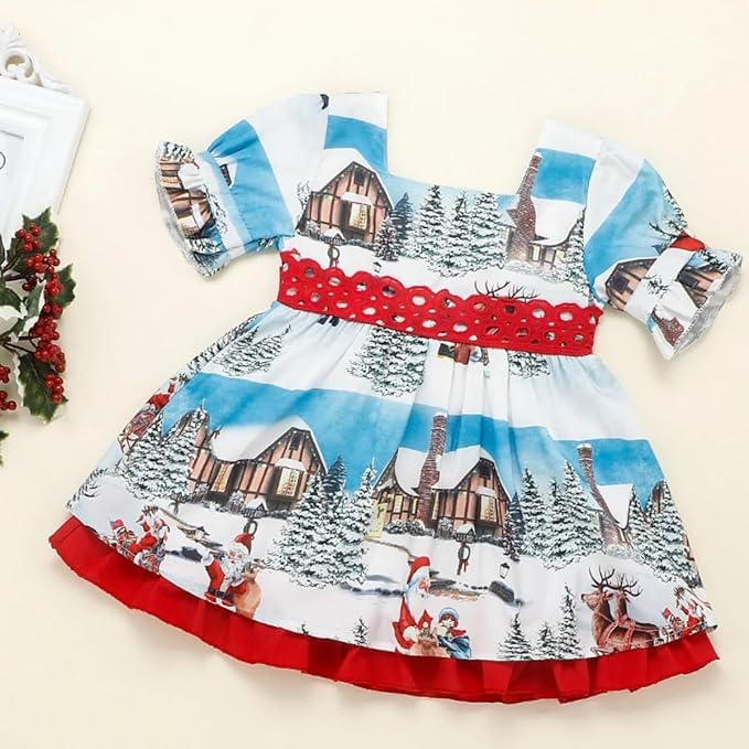 Christmas Dress for Girls with Delicate North Pole Print and red Bow - G0025