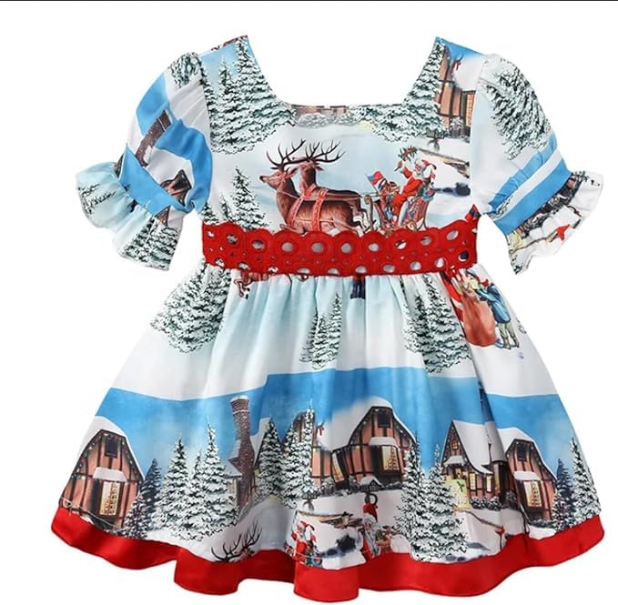 Christmas Dress for Girls with Delicate North Pole Print and red Bow - G0025