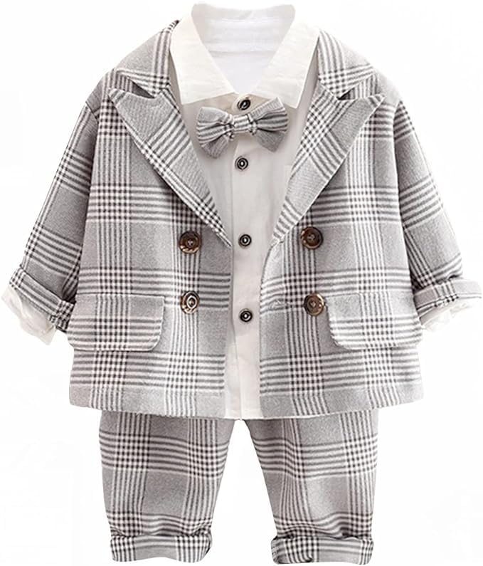 Boys' Plaid Blazer and Pants Set with Bow Tie - B0022