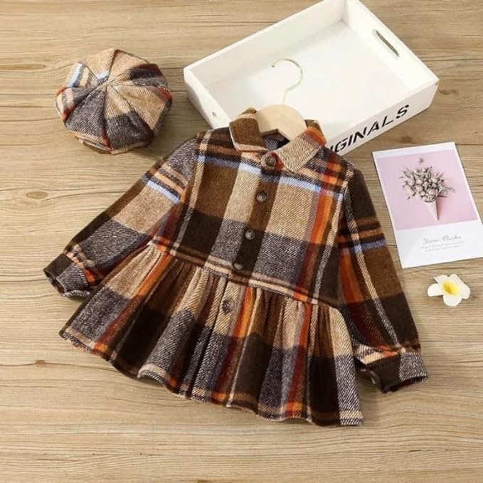 Brown Plaid Dress with Beret for Winter - G0021