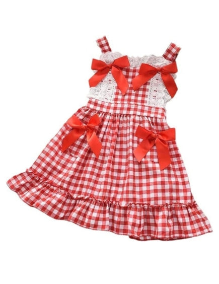 Girl's plaid picnic summer dress with small bows - G0047