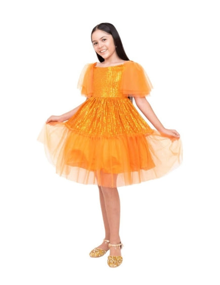 Girls Thanksgiving Dress with mesh Tutu Skirt and Puffed Fly Sleeve - G0066