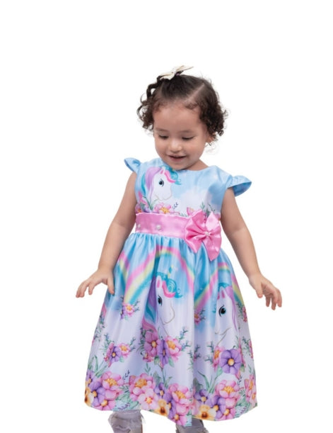 Girl's Unicorn Themed Pink an lightblue Dress Knee-Lenght - G0054