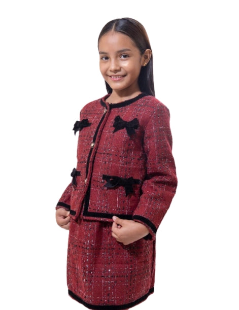 Winter Outfit - Girls Set Long Sleeve Patchwork Jacket + Plaid Skirt - G0034