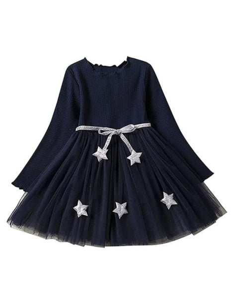 Long Sleeve Dress with Tulle Skirt and Silver Stars for Girls - G0087