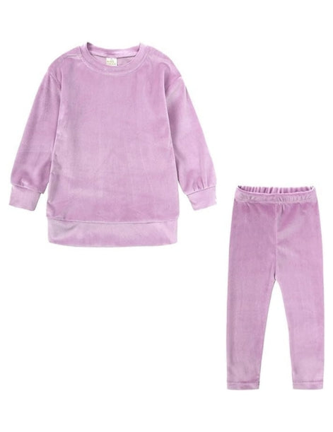 Little Girls Velour Sweatsuit 2pcs Round Neck Sweatshirt + Sweatpants Pullover Jogger Outfit Set - G0001