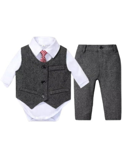 Newborn Boys Wool Set Vest + Pants + Jumpsuit Dress Shirt & Striped Tie - B0026