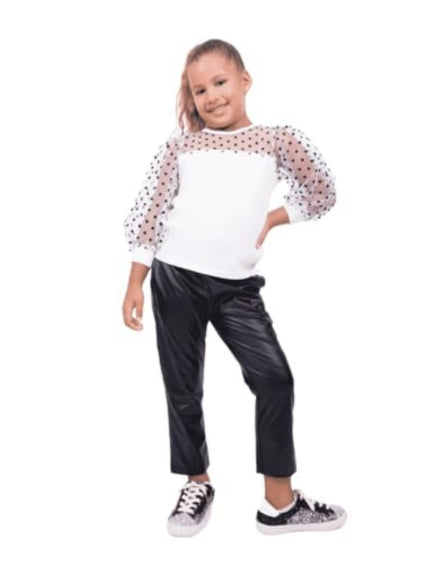 Back to school Clothes - Girls Polka-Dot Mesh Top + Pu Leather Pants G0009