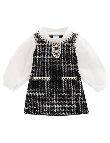 Toddler's Plaid Dress Long Sleeves White T-Shirt Pearls Buttom - G0125