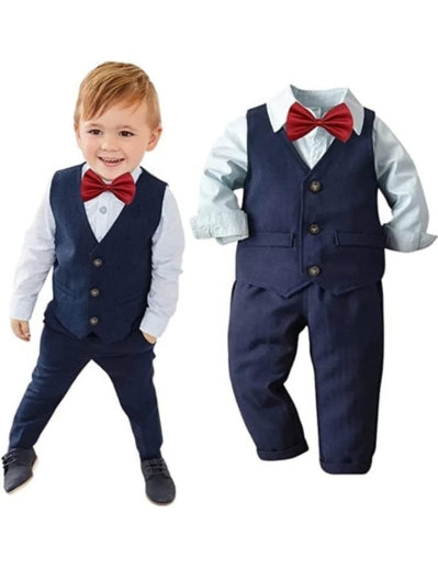 Boys Elegant Shirt + Vest + Pants & Red Bow Tie 4pcs Set - B0010