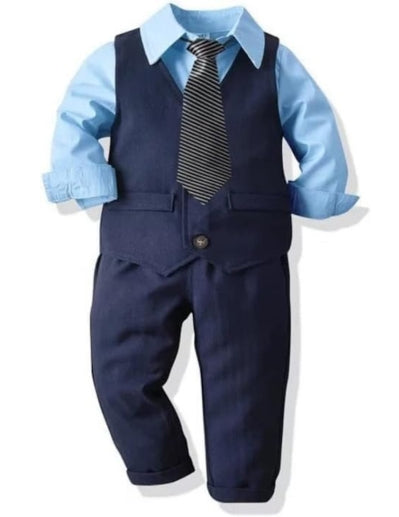 Boys Suit Casual Blue Set Vest + Pants + Light Blue Dress Shirt - B0015