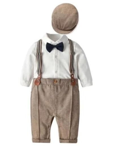 Baby and Toddler Boy Jumpsuit + Beret Hat + Suspenders & Bow Tie - B0001