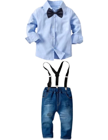 Boys Long Sleeve Shirt + Jeans + Suspenders & Bow Tie 4 pcs Set - B0011