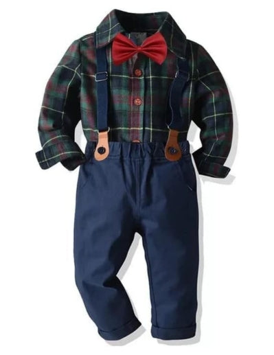 Toddler Boys Christmas Outfit Long Sleeves Plaid Shirt + Pants + Suspenders - B0030