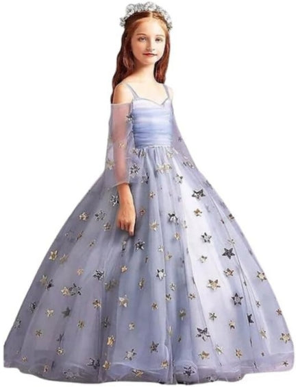 Elegant Long Princess Gown with Tulle Sleeves and a Skirt with Stars for Girls - G0026