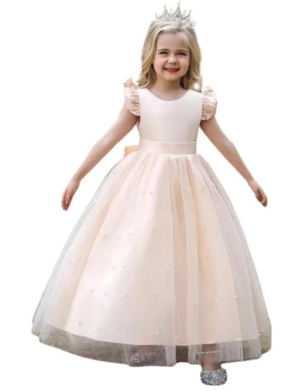 Elegant Satin Dress with Tulle Skirt Overlay and Pearl appliqués - G0030