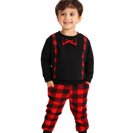 Boys Plaid Outfit Hoodie Sweatshirt Jackets Shirt+Pants Christmas Set - B0012