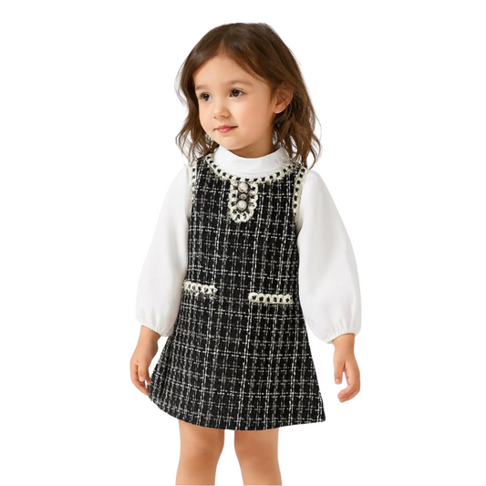 Toddler's Plaid Dress Long Sleeves White T-Shirt Pearls Buttom - G0125