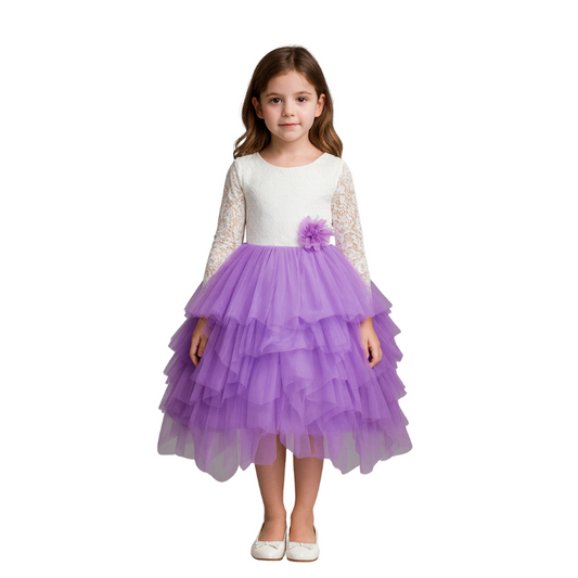 Long Sleeve lace Dress with Layered Tulle Skirt for Girls - G0088